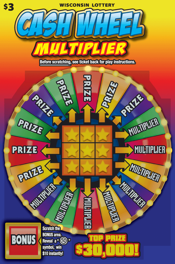Cash Wheel Multiplier Scratch Game colorful wheel with white bold letters spelling PRIZE on rainbow gradient background with blue and yellow comic style lettering on scratch game