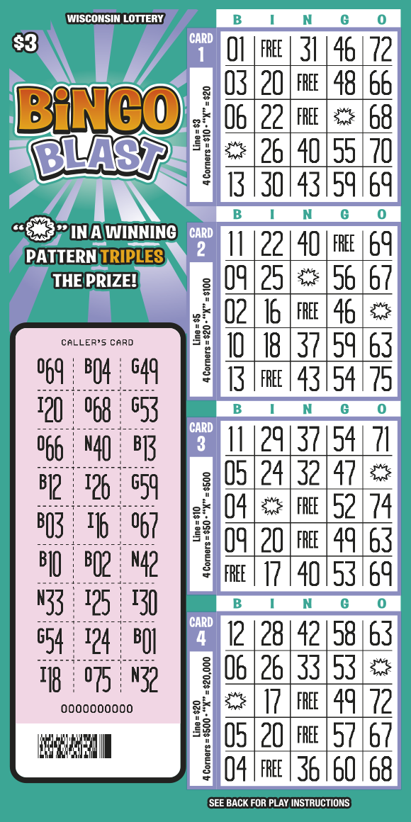 Bingo Blast Scratch Game white scratched cards stacked next to pink scratch bingo number area with bright orange and light purple text outlined in black in front of purple starburst on mint green scratch game