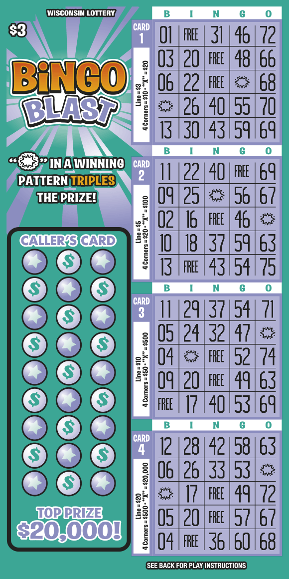Bingo Blast Scratch Game pastel purple bingo cards stacked next to circular icons with stars and dollar signs with bright orange and light purple text outlined in black in front of purple starburst on mint green scratch game