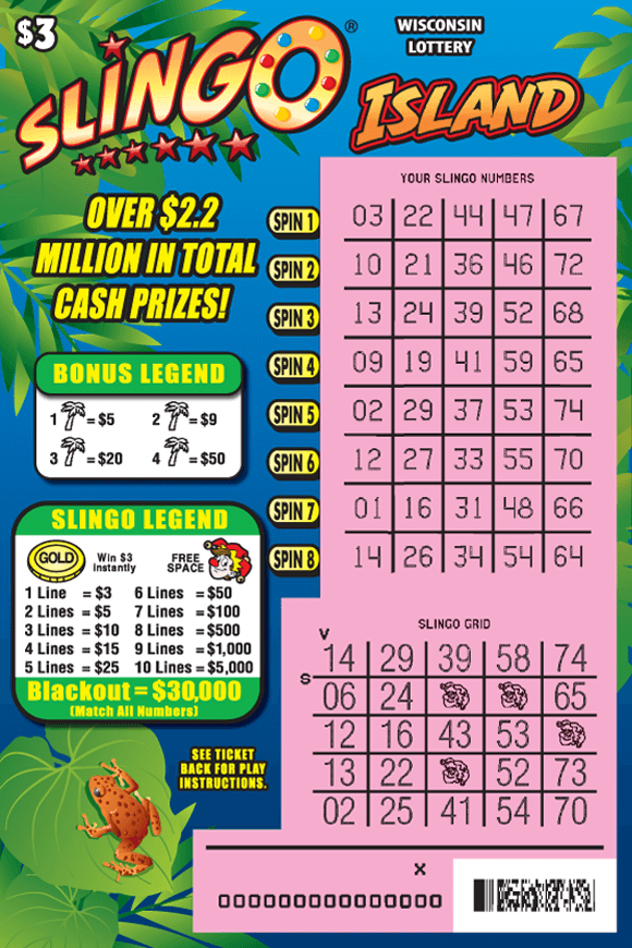 SLINGO® Island Scratch Game green jungle plants with orange tree frog and colorful icons of fruits and bright sun on scratch ticket
