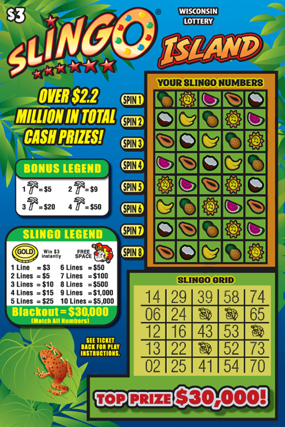 SLINGO® Island Scratch Game green jungle plants with orange tree frog and colorful icons of fruits and bright sun on scratch ticket