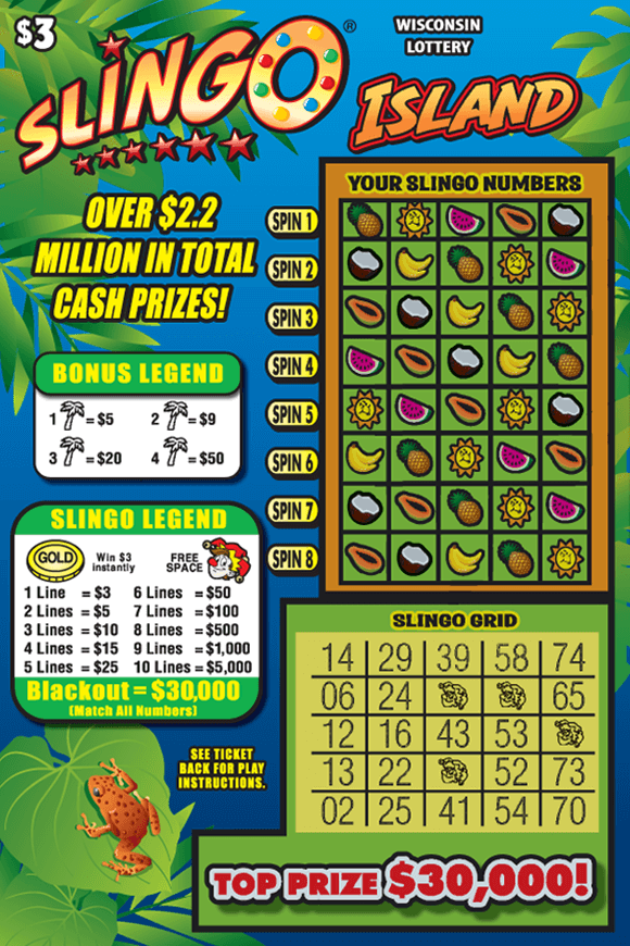 green jungle plants with orange tree frog and colorful icons of fruits and bright sun on scratch ticket 