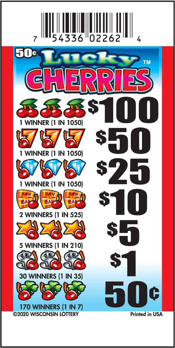 blue gradient background on game with icons of red cherries, gold 7s, blue diamonds, gold bars, gold stars, silver dollar signs and green shamrocks on Lucky Cherries pull-tab from Wisconsin Lottery