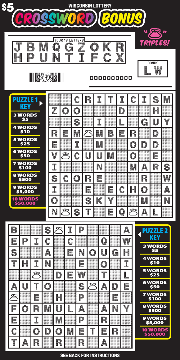 Crossword Bonus Scratch Game white scratched play area on black background with italic text with rainbow gradient on scratch game