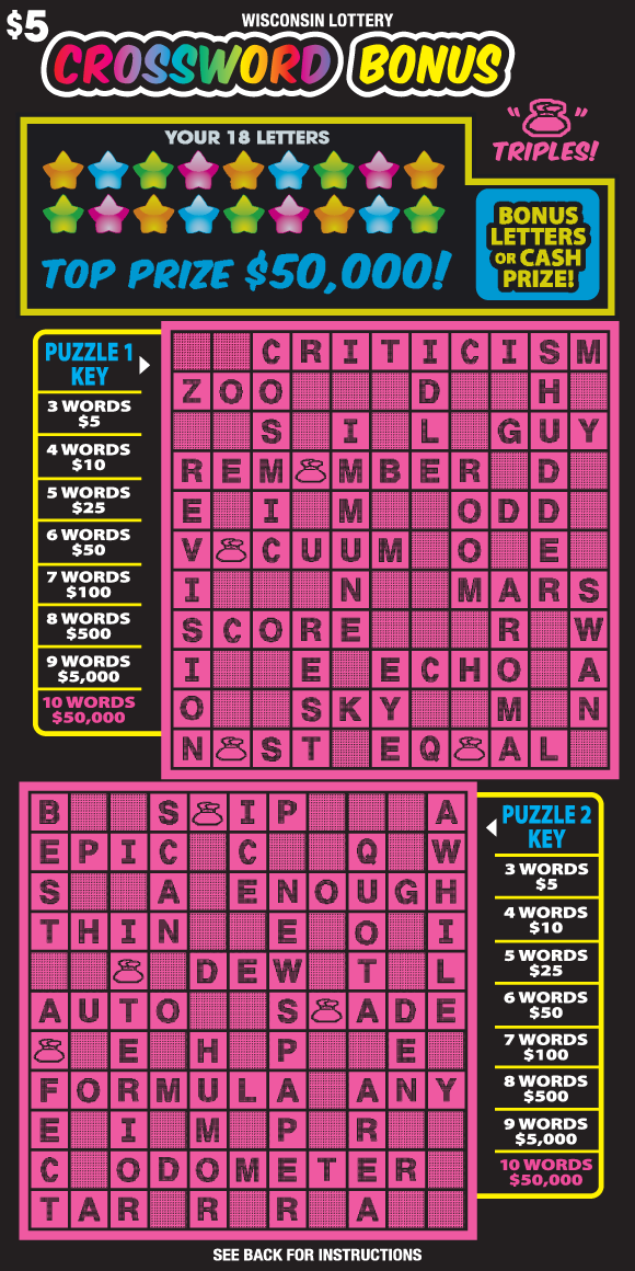 magenta crossword puzzles on black background with brightly colored star icons and italic text with rainbow gradient on scratch game
