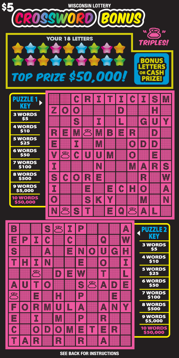Crossword Bonus Scratch Game magenta crossword puzzles on black background with brightly colored star icons and italic text with rainbow gradient on scratch game