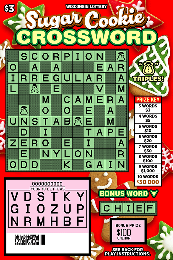 Sugar Cookie Crossword Scratch Game pink scratched play area and green crossword puzzle and sugar cookie icons and icing topped letters on red background