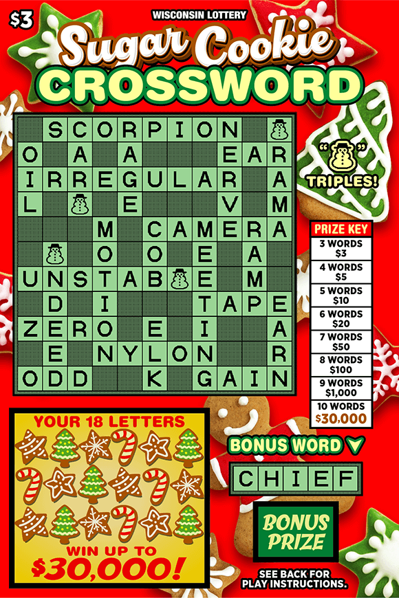 Sugar Cookie Crossword Scratch Game assortment of colorful holiday sugar cookies with green, red and white icing on red background with green crossword puzzle and sugar cookie icons and icing topped letters on red background