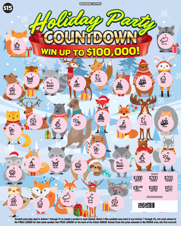 Holiday Party Countdown Scratch Game 31 forest animals with pink scratched play areas on light blue background with white snowflakes and darker blue trees and yellow script lettering and red ribbon on scratch game