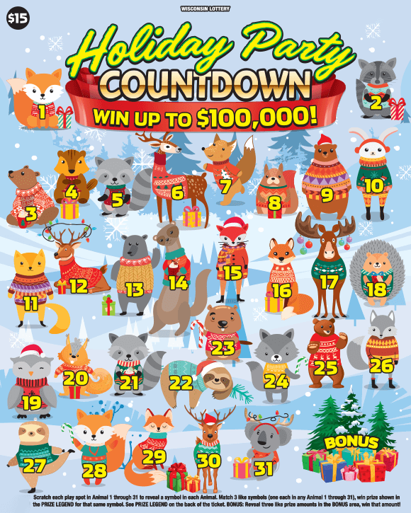 Holiday Party Countdown Scratch Game group of 31 forest animals in cute holiday sweaters on light blue background with white snowflakes and darker blue trees and yellow script lettering and red ribbon on scratch game