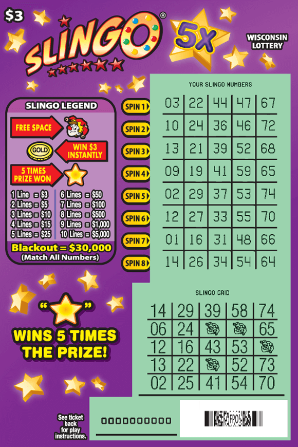 SLINGO® 5X Scratch Game gold stars on purple background with green scratched play area on scratch game