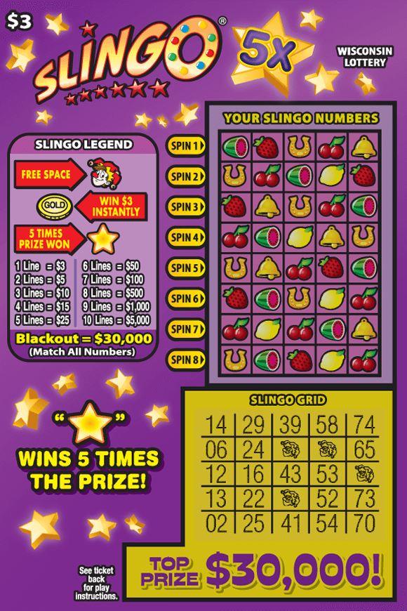 SLINGO® 5X Scratch Game gold stars on purple background with colorful fruit icons of watermelon, strawberries, lemons, cherries, golden horseshoes and gold bells on scratch game