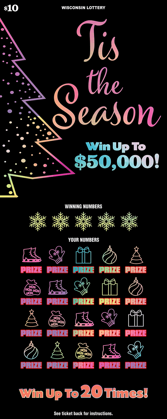 Tis the Season Scratch Game scripted lettering with winter icons of snow flakes, ice skates, gloves, presents, ornaments and trees with pastel rainbow gradient on black background scratch game