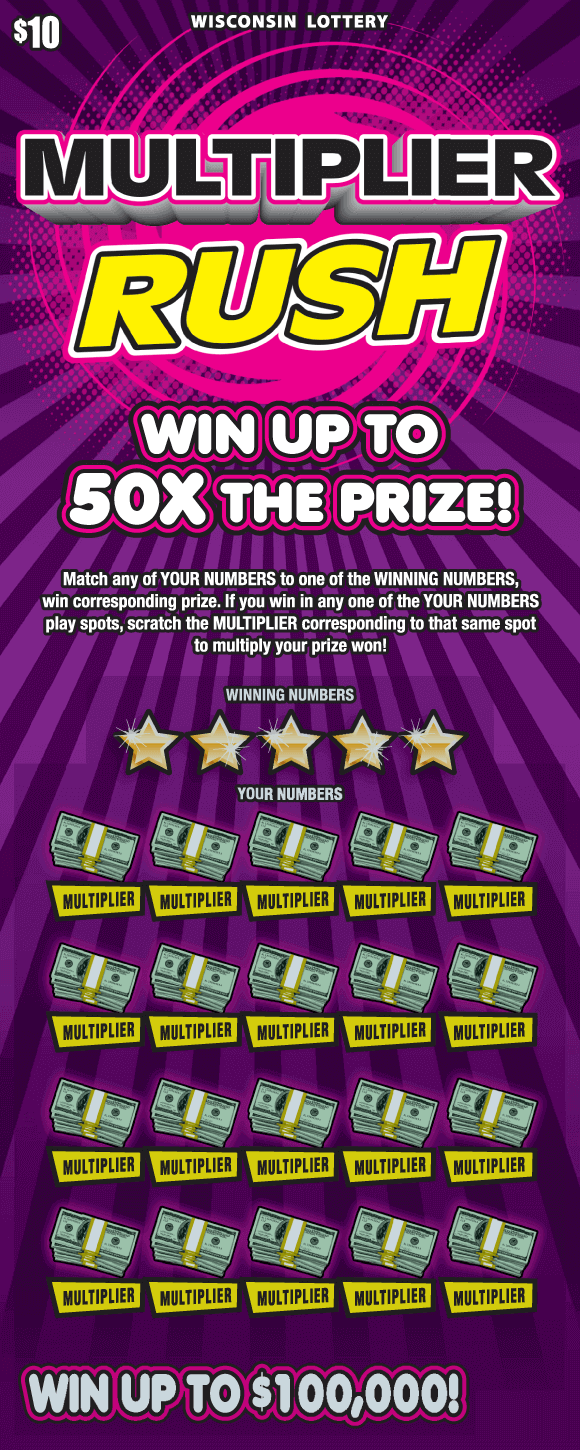 Multiplier Rush Scratch Game icons of stacks of dollar bills and gold stars with bold black and yellow block letters outlined in white and black with hot pink spiral behind on light and dark purple starburst background scratch game