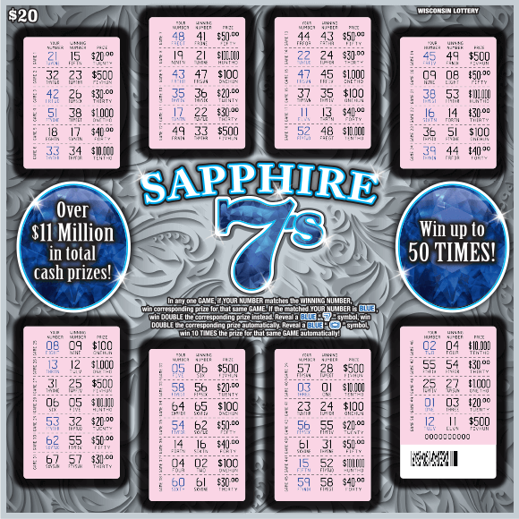 Sapphire 7's Scratch Game two large oval blue sapphire gemstones with pink scratched play areas on grey background with flourishes