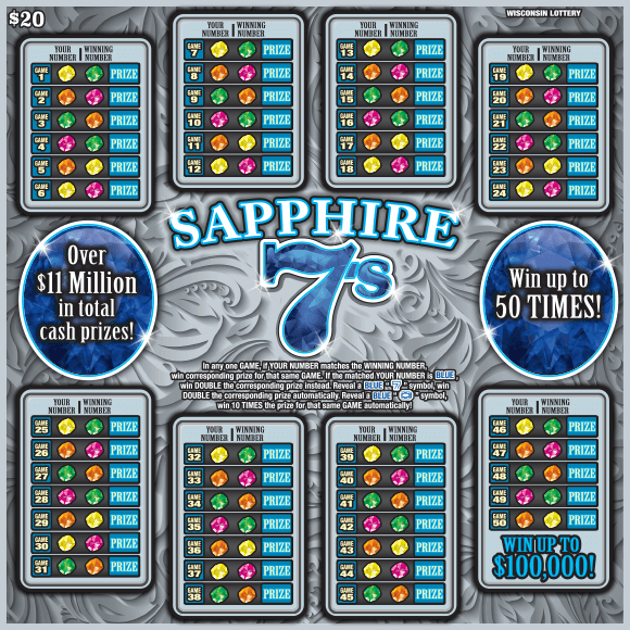 Sapphire 7's Scratch Game two large oval blue sapphire gemstones with icons of colorful gemstones on grey background with flourishes