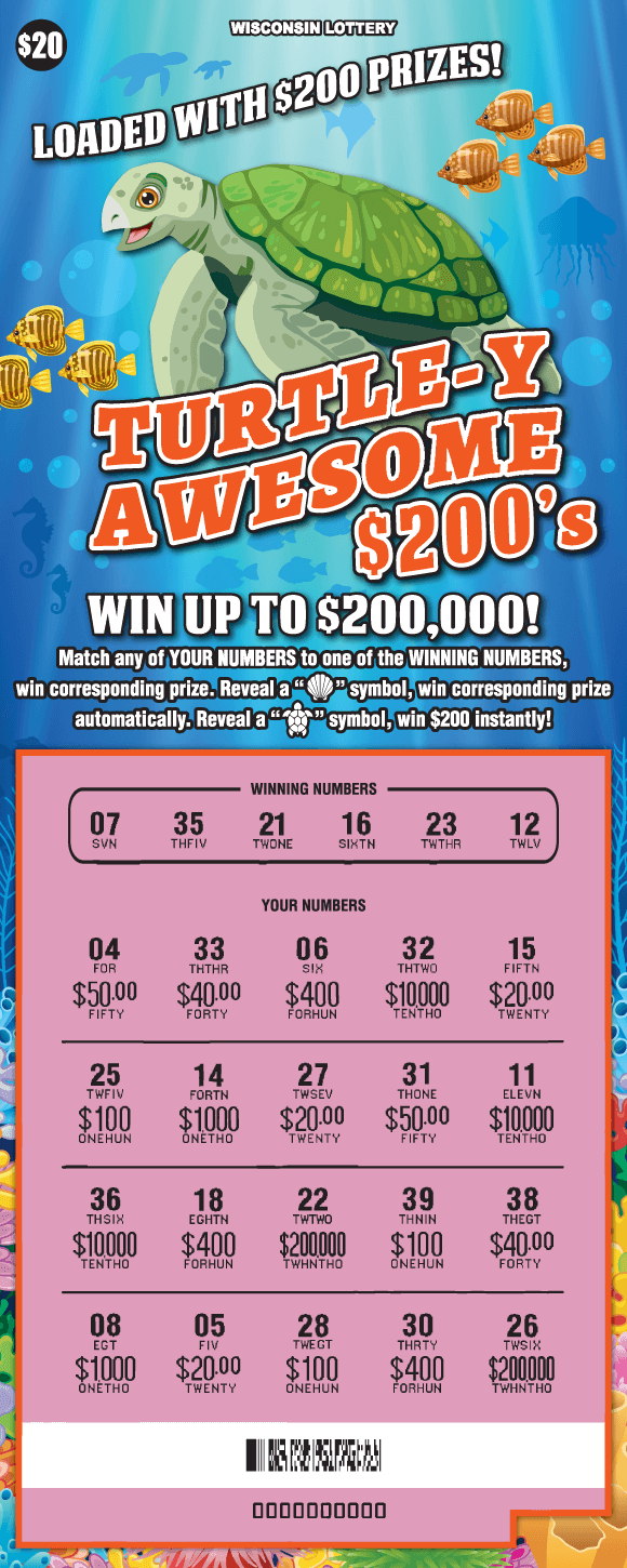 Turtle-y Awesome $200's Scratch Game underwater sea scene with brightly colored coral, fish and huge sea turtle behind bold orange lettering with pink scratched play area on scratch game