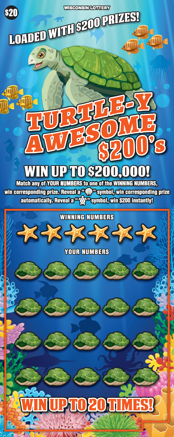 underwater sea scene with brightly colored coral, fish and huge sea turtle behind bold orange lettering with icons of gold starfish and green turtle shells on scratch game