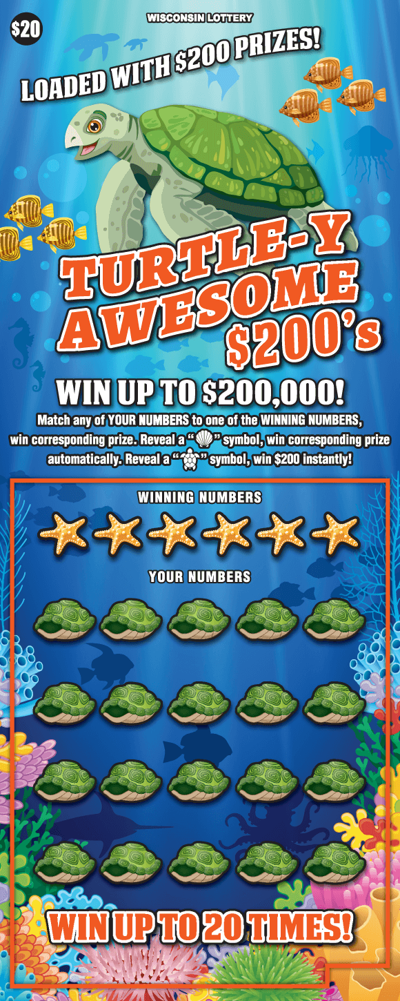 Turtle-y Awesome $200's Scratch Game underwater sea scene with brightly colored coral, fish and huge sea turtle behind bold orange lettering with icons of gold starfish and green turtle shells on scratch game