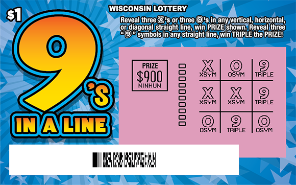 9's in a Line Scratch Game bold letters in orange gradient with scratched pink play area on background of light blue stars and blue starburst on scratch game