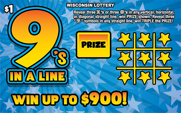 9's in a Line Scratch Game bold letters in orange gradient with icons of yellow stars on background of light blue stars and blue starburst on scratch game