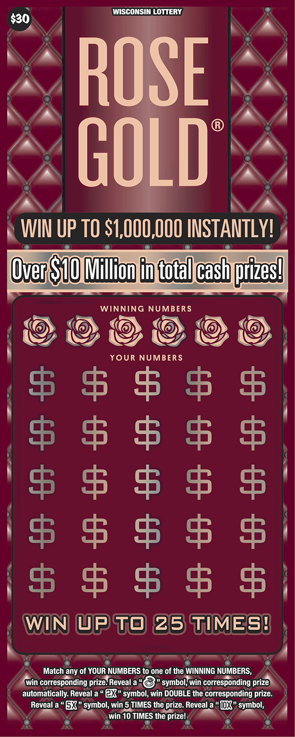Rose Gold Scratch Game pink lettering with pastel pink roses and rose gold dollar sign symbols on burgundy upholstery looking background on scratch ticket