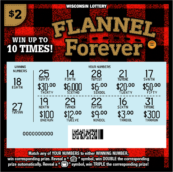 Flannel Forever Scratch Game blue scratched play area and brown leather stitched lettering on red and black flannel background on scratch game