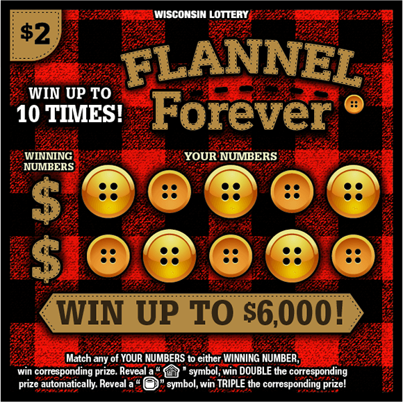 Flannel Forever Scratch Game brown leather stitched lettering and golden buttons on red and black flannel background on scratch game
