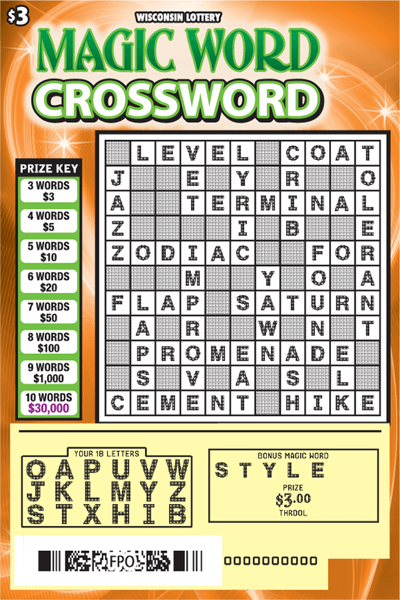 Magic Word Crossword Scratch Game green and white text on orange background with white stars and yellow scratched play area on scratch game