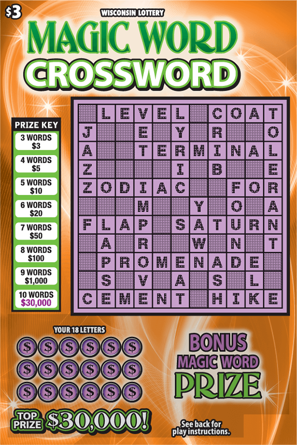 Magic Word Crossword Scratch Game green and white text on orange background with white stars and pink crossword puzzle with icons of black dollar signs in pink circles on scratch game