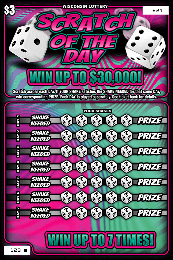 Scratch of the Day Scratch Game magenta lettering outlined in teal surrounded by rolling dice with black and white icons of dice on wavy teal and magenta background of scratch game