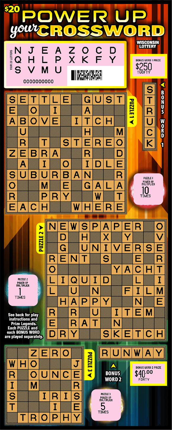 pink scratched play area and orange crossword puzzles on ticket with dark rainbow colored lines and yellow bold text on scratch ticket