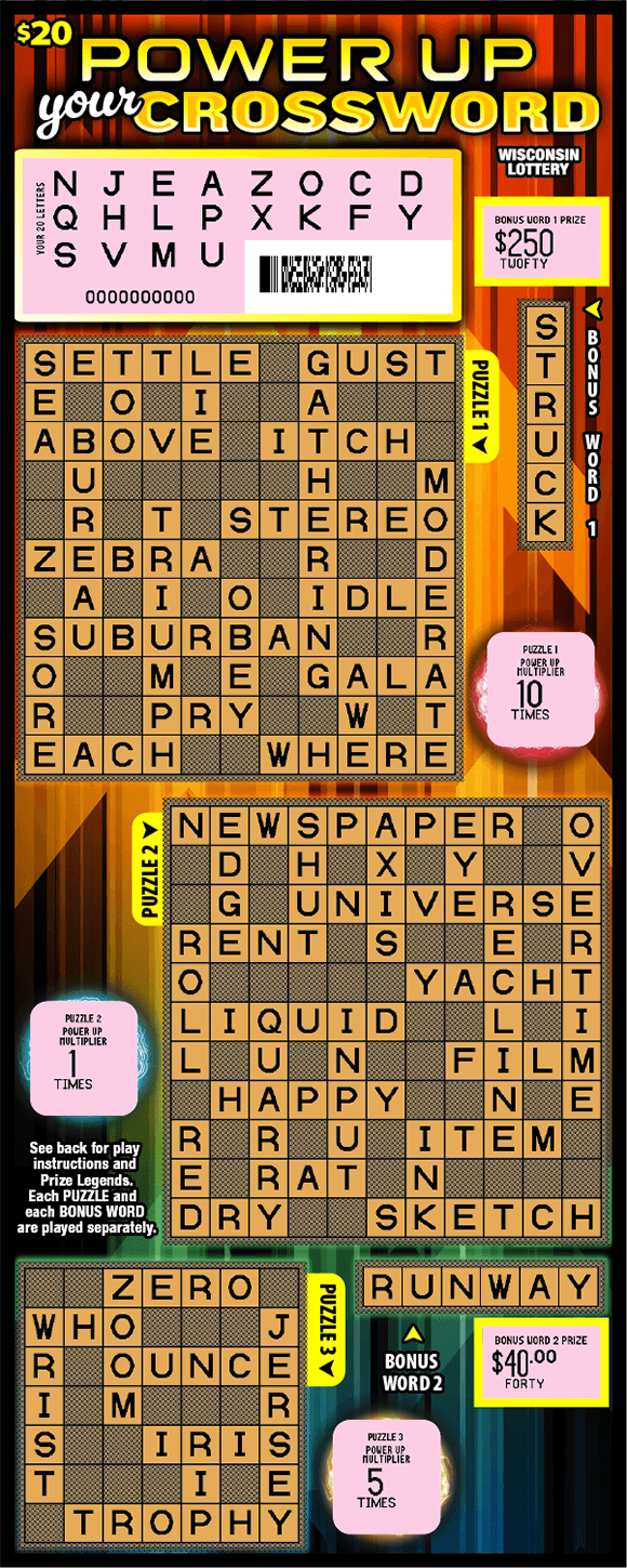 Power Up Your Crossword Scratch Game pink scratched play area and orange crossword puzzles on ticket with dark rainbow colored lines and yellow bold text on scratch ticket