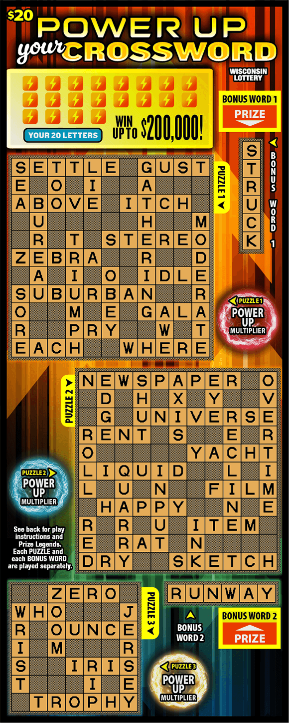 Power Up Your Crossword Scratch Game orange crossword puzzles on ticket with dark rainbow colored lines and yellow bold text with orange lightning bolt icons on scratch ticket