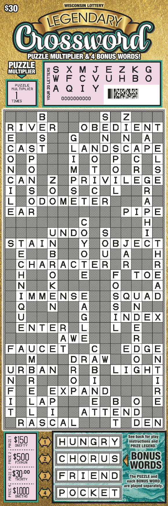 Legendary Crossword Scratch Game gold banner with black block text and white scripted lettering outlined in teal above white scratched extra tall teal crossword puzzle play areaon scratch game