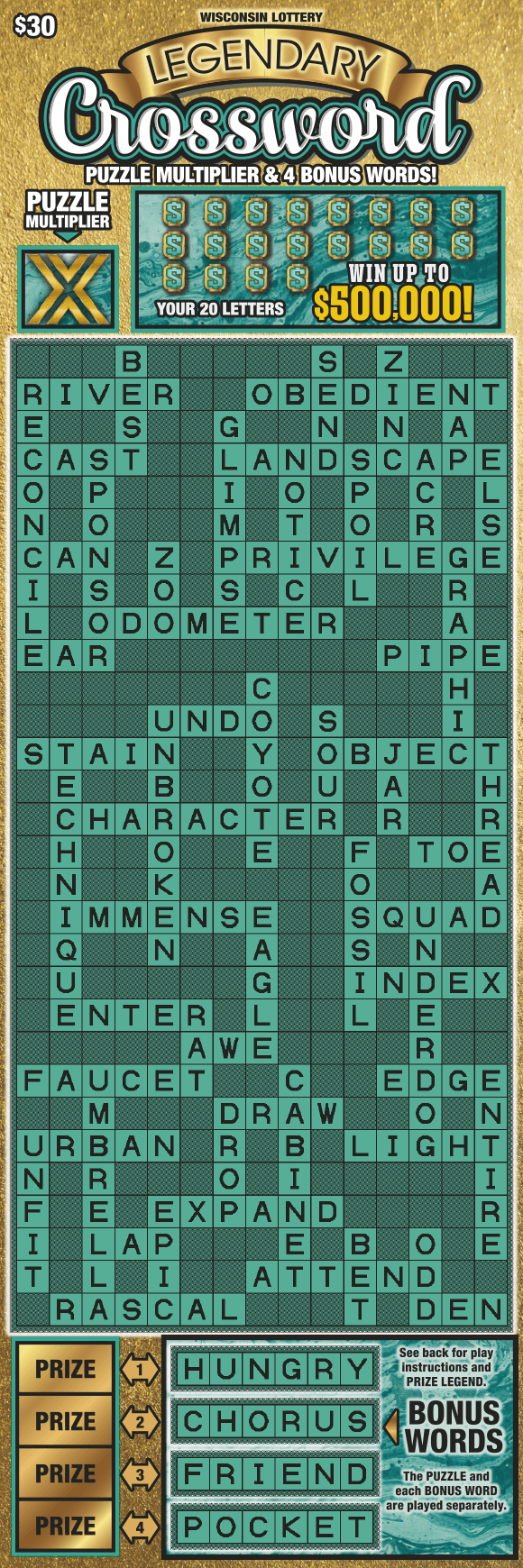 Legendary Crossword Scratch Game gold banner with black block text and white scripted lettering outlined in teal above extra tall teal crossword puzzle with teal dollar sign icons outlined with gold on scratch game