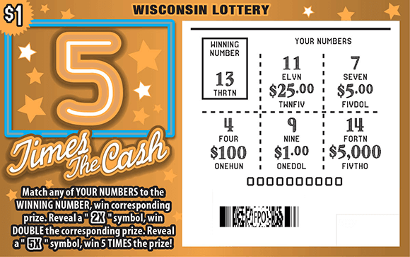 5 Times the Cash Scratch Game white cursive lettering outlined in burnt orange with white scratched play area and white and orange stars on scratch ticket with burnt orange background