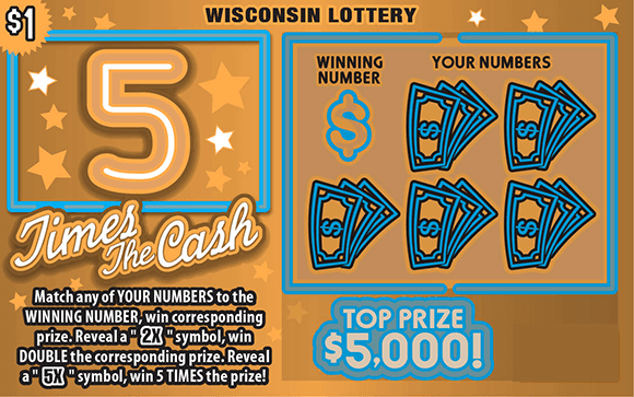 5 Times the Cash Scratch Game white cursive lettering outlined in burnt orange with blue dollar bills icons and white and orange stars on scratch ticket with burnt orange background