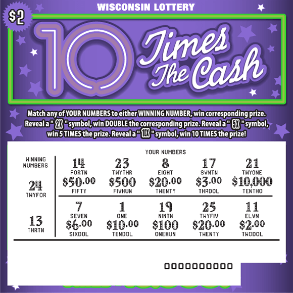 10 Times the Cash Scratch Game white cursive lettering outlined in purple and white scratched play area with white and purple stars on scratch ticket with burnt purple background