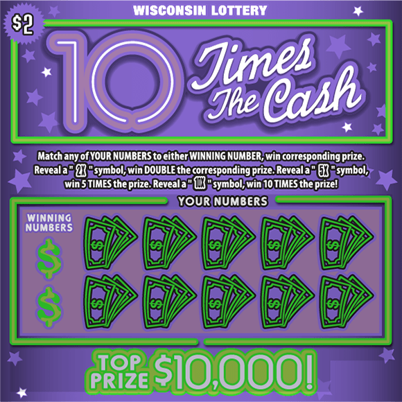 10 Times the Cash Scratch Game white cursive lettering outlined in purple with green dollar bills icons and white and purple stars on scratch ticket with burnt purple background