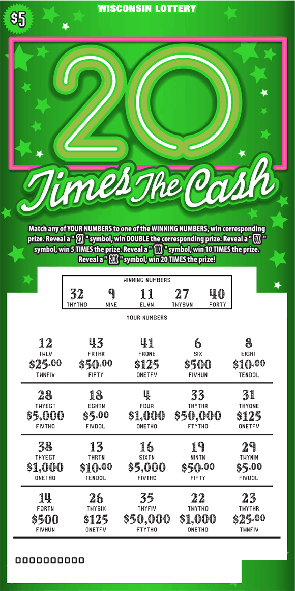 20 Times the Cash Scratch Game white cursive lettering outlined in green with white scratched play area and white and green stars on scratch ticket with bright green background