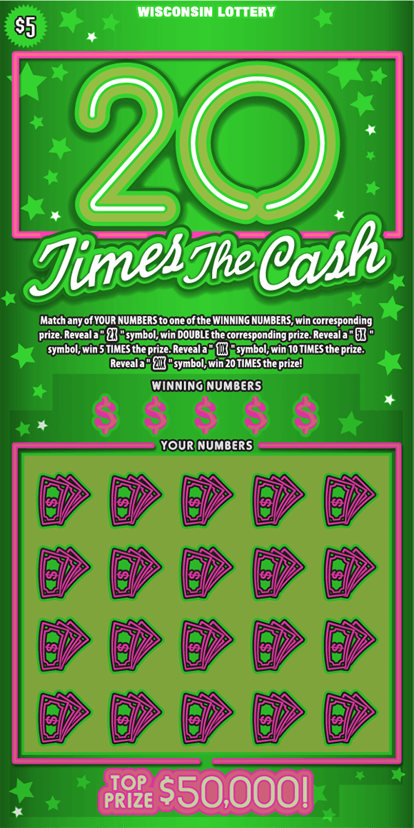 white cursive lettering outlined in green with pink dollar bills icons and white and green stars on scratch ticket with bright green background