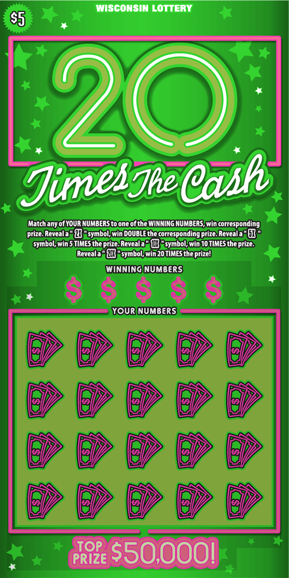20 Times the Cash Scratch Game white cursive lettering outlined in green with pink dollar bills icons and white and green stars on scratch ticket with bright green background