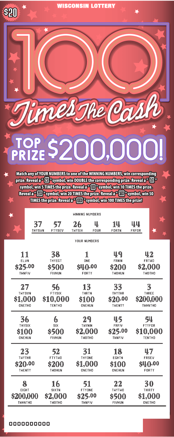 100 Times the Cash Scratch Game white cursive lettering outlined in pink with white scratched play area and white and pink stars on scratch ticket with pink background