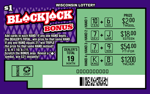 Blackjack Bonus Scratch Game green scratched play area on purple background with pastel purple diamonds and white serif lettering outlined in red on scratch game