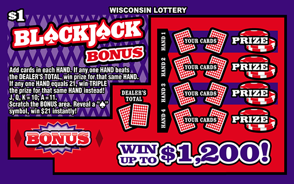 Blackjack Bonus Scratch Game icons of red and white playing cards and poker chips on purple background with pastel purple diamonds and white serif lettering outlined in red on scratch game