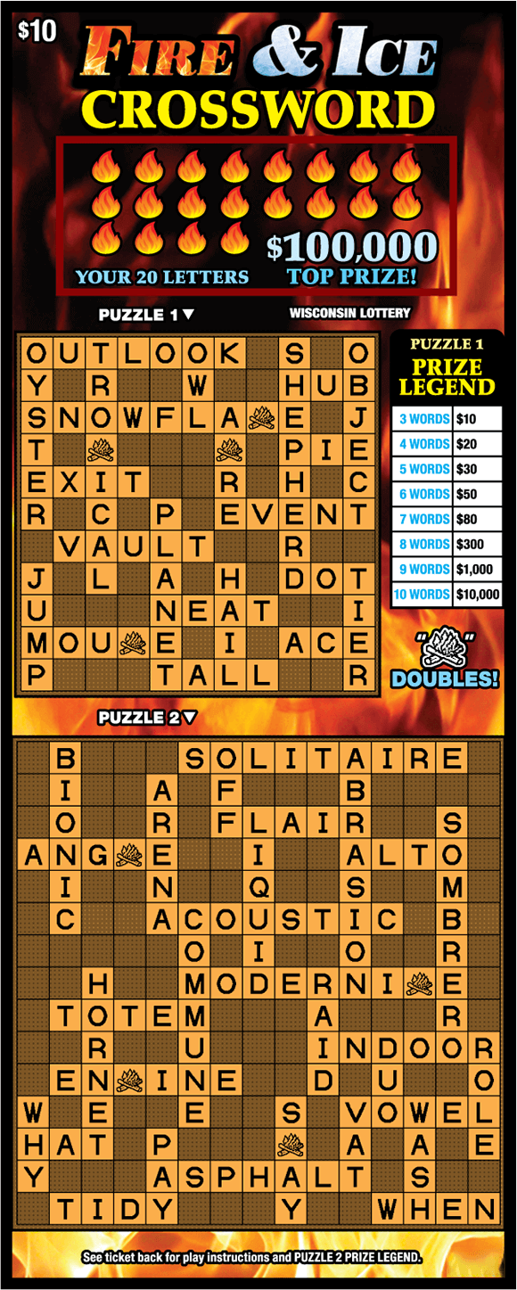 two orange crossword puzzles with flame icons and bold lettering with flames and icicles on scratch game with flame background