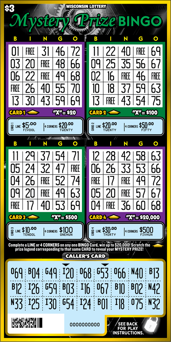 Mystery Prize Bingo Scratch Game white scratched bingo card play area with green script lettering on black background with silver gears on scratch ticket