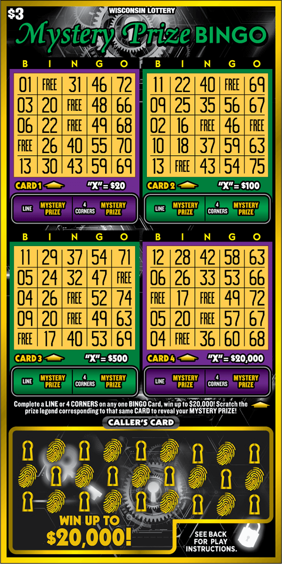 Mystery Prize Bingo Scratch Game four yellow bingo cards with yellow fingerprint and keyhole icons with green script lettering on black background with silver gears on scratch ticket