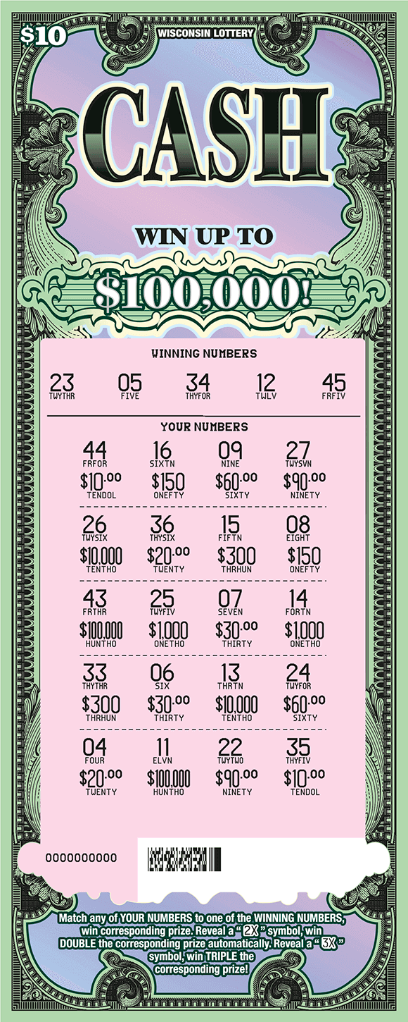 Cash Scratch Game pink scratched play area with ornate flourishes with light and dark green that look like a dollar bill on pink and purple gradient background on scratch game